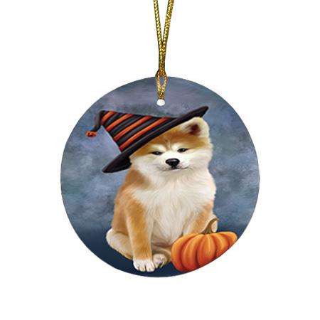 Happy Halloween Akita Dog Wearing Witch Hat with Pumpkin Round Flat Christmas Ornament RFPOR54828
