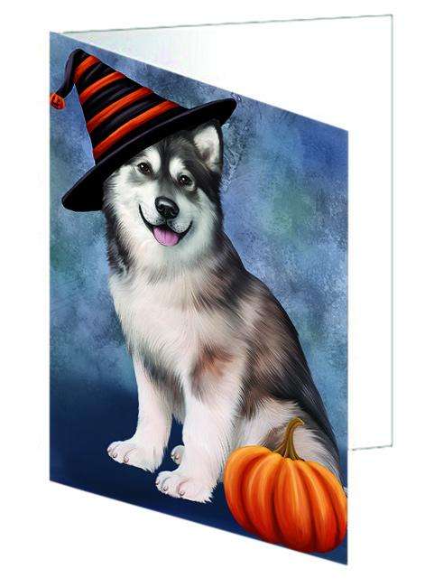 Happy Halloween Alaskan Malamute Dog Wearing Witch Hat with Pumpkin Handmade Artwork Assorted Pets Greeting Cards and Note Cards with Envelopes for All Occasions and Holiday Seasons GCD68768