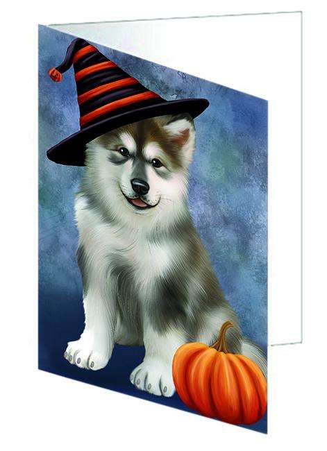 Happy Halloween Alaskan Malamute Dog Wearing Witch Hat with Pumpkin Handmade Artwork Assorted Pets Greeting Cards and Note Cards with Envelopes for All Occasions and Holiday Seasons GCD68771