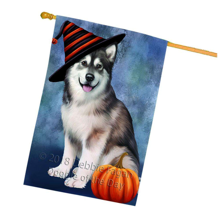 Happy Halloween Alaskan Malamute Dog Wearing Witch Hat with Pumpkin House Flag FLG55180