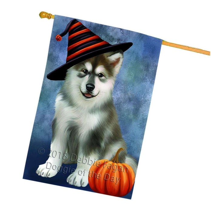 Happy Halloween Alaskan Malamute Dog Wearing Witch Hat with Pumpkin House Flag FLG55181