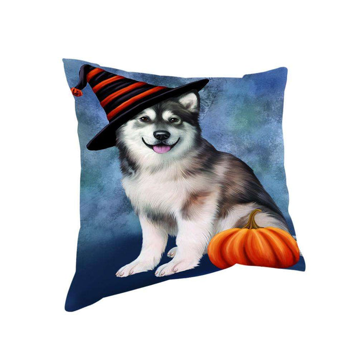 Happy Halloween Alaskan Malamute Dog Wearing Witch Hat with Pumpkin Pillow PIL76276
