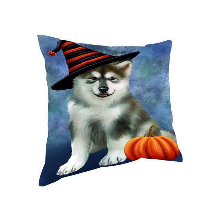 Happy Halloween Alaskan Malamute Dog Wearing Witch Hat with Pumpkin Pillow PIL76280