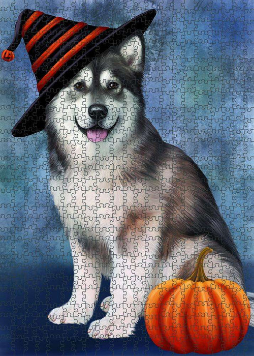 Happy Halloween Alaskan Malamute Dog Wearing Witch Hat with Pumpkin Puzzle with Photo Tin PUZL87084