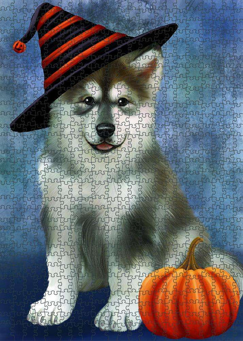 Happy Halloween Alaskan Malamute Dog Wearing Witch Hat with Pumpkin Puzzle with Photo Tin PUZL87088