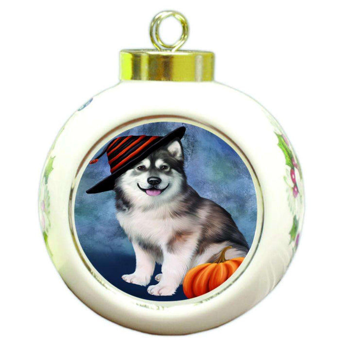 Happy Halloween Alaskan Malamute Dog Wearing Witch Hat with Pumpkin Round Ball Christmas Ornament RBPOR55041