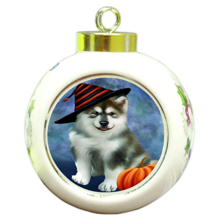 Happy Halloween Alaskan Malamute Dog Wearing Witch Hat with Pumpkin Round Ball Christmas Ornament RBPOR55042