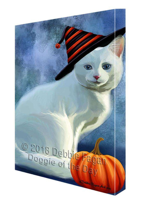 Happy Halloween Albino Cat Wearing Witch Hat with Pumpkin Canvas Print Wall Art Décor CVS111806