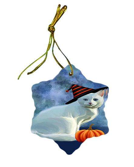 Happy Halloween Albino Cat Wearing Witch Hat with Pumpkin Ceramic Doily Ornament DPOR54884