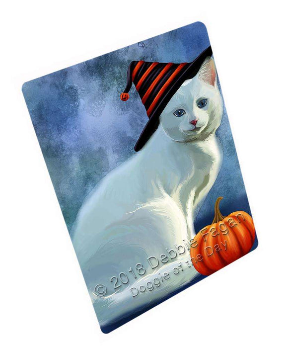 Happy Halloween Albino Cat Wearing Witch Hat with Pumpkin Cutting Board C69096
