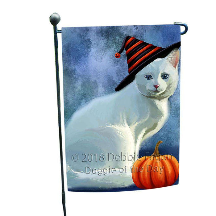 Happy Halloween Albino Cat Wearing Witch Hat with Pumpkin Garden Flag GFLG54946
