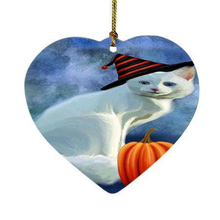 Happy Halloween Albino Cat Wearing Witch Hat with Pumpkin Heart Christmas Ornament HPOR54884