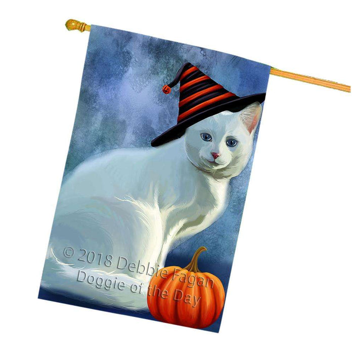 Happy Halloween Albino Cat Wearing Witch Hat with Pumpkin House Flag FLG55082