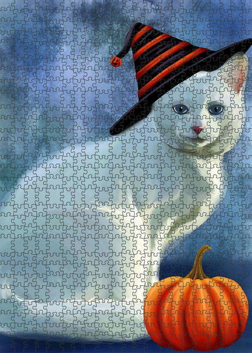 Happy Halloween Albino Cat Wearing Witch Hat with Pumpkin Puzzle with Photo Tin PUZL86692