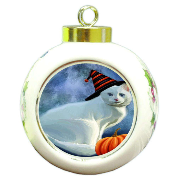 Happy Halloween Albino Cat Wearing Witch Hat with Pumpkin Round Ball Christmas Ornament RBPOR54884