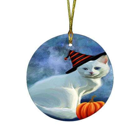 Happy Halloween Albino Cat Wearing Witch Hat with Pumpkin Round Flat Christmas Ornament RFPOR54875