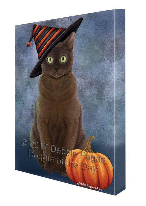 Happy Halloween American Bermese Zibeline Cat Wearing Witch Hat with Pumpkin Canvas Wall Art