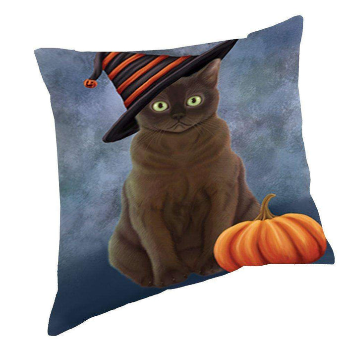 Happy Halloween American Bermese Zibeline Cat Wearing Witch Hat with Pumpkin Throw Pillow