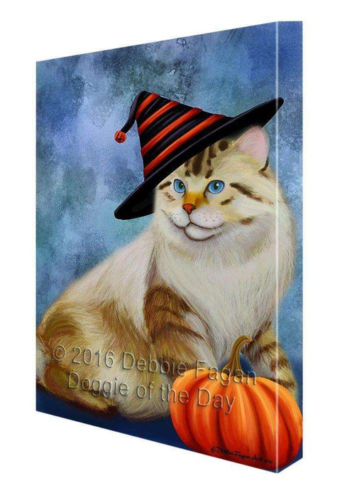 Happy Halloween American Bobtail Dog Wearing Witch Hat with Pumpkin Canvas Wall Art