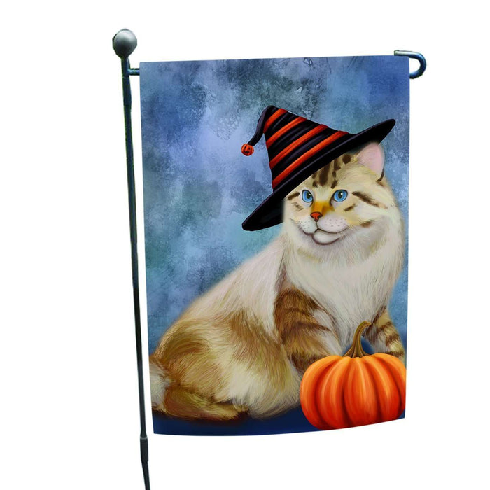 Happy Halloween American Bobtail Dog Wearing Witch Hat with Pumpkin Garden Flag