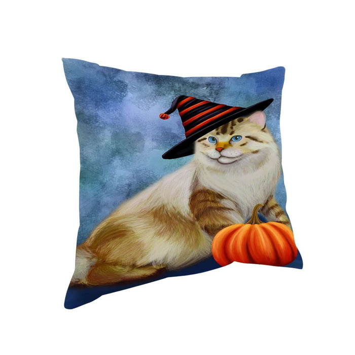 Happy Halloween American Bobtail Dog Wearing Witch Hat with Pumpkin Throw Pillow