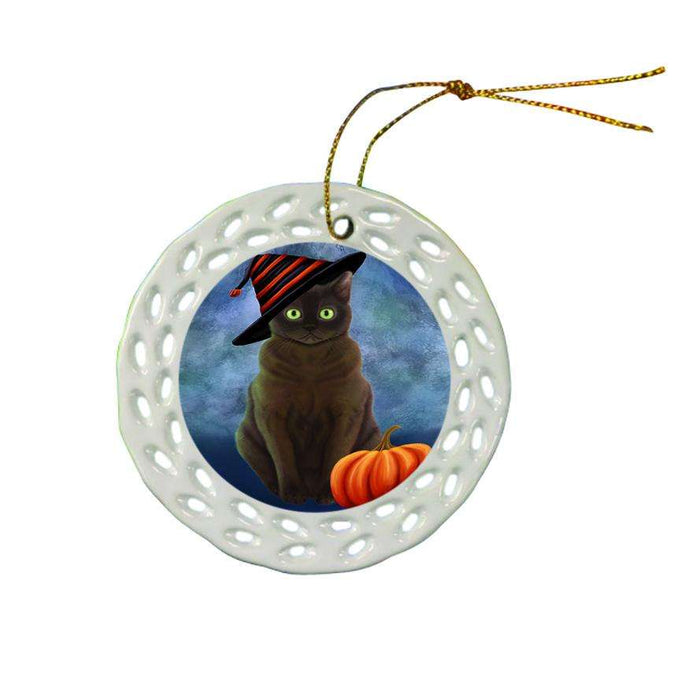 Happy Halloween American Burmese Zibeline Cat Wearing Witch Hat with Pumpkin Ceramic Doily Ornament DPOR54980