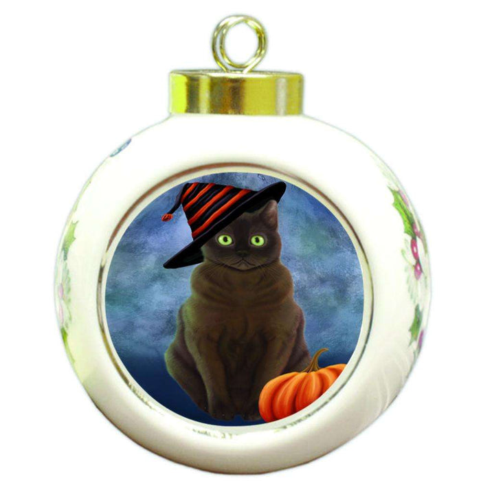 Happy Halloween American Burmese Zibeline Cat Wearing Witch Hat with Pumpkin Round Ball Christmas Ornament RBPOR54980