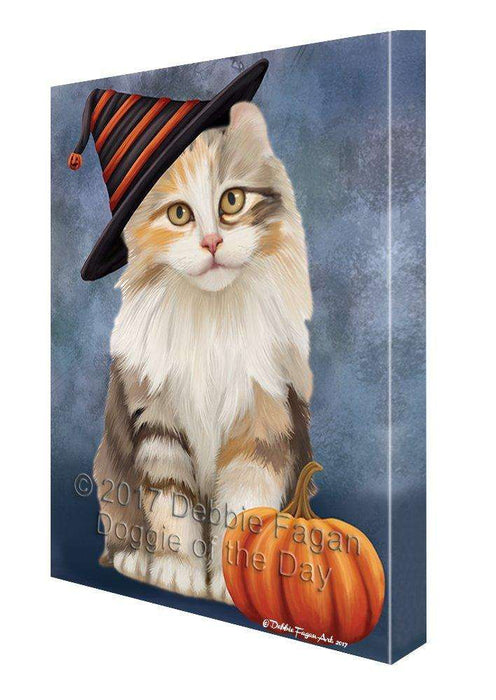 Happy Halloween American Curl Cat Wearing Witch Hat with Pumpkin Canvas Wall Art