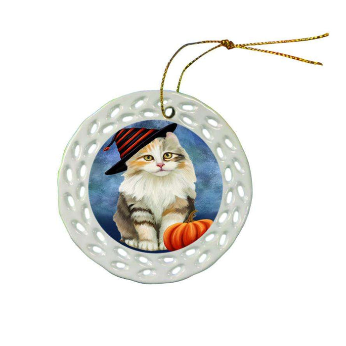 Happy Halloween American Curl Cat Wearing Witch Hat with Pumpkin Ceramic Doily Ornament DPOR54981
