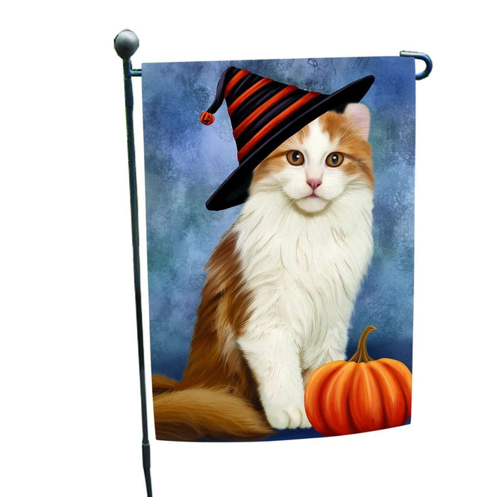 Happy Halloween American Curl Cat Wearing Witch Hat with Pumpkin Garden Flag