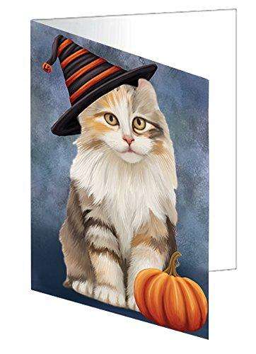 Happy Halloween American Curl Cat Wearing Witch Hat with Pumpkin Handmade Artwork Assorted Pets Greeting Cards and Note Cards with Envelopes for All Occasions and Holiday Seasons