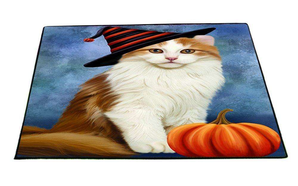 Happy Halloween American Curl Cat Wearing Witch Hat with Pumpkin Indoor/Outdoor Floormat