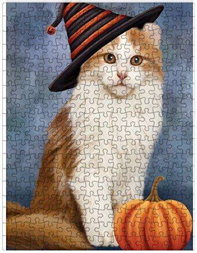 Happy Halloween American Curl Cat Wearing Witch Hat with Pumpkin Puzzle with Photo Tin