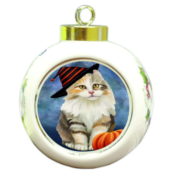 Happy Halloween American Curl Cat Wearing Witch Hat with Pumpkin Round Ball Christmas Ornament RBPOR54981