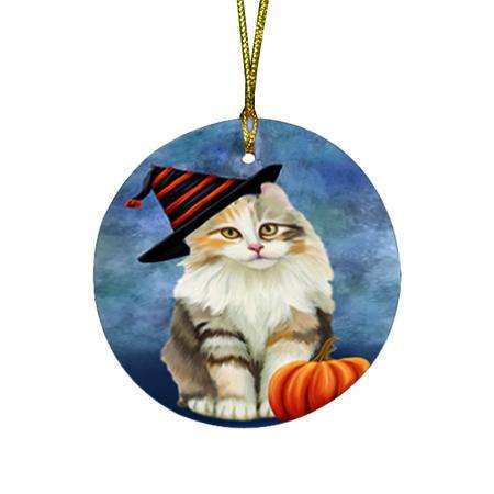 Happy Halloween American Curl Cat Wearing Witch Hat with Pumpkin Round Flat Christmas Ornament RFPOR54972