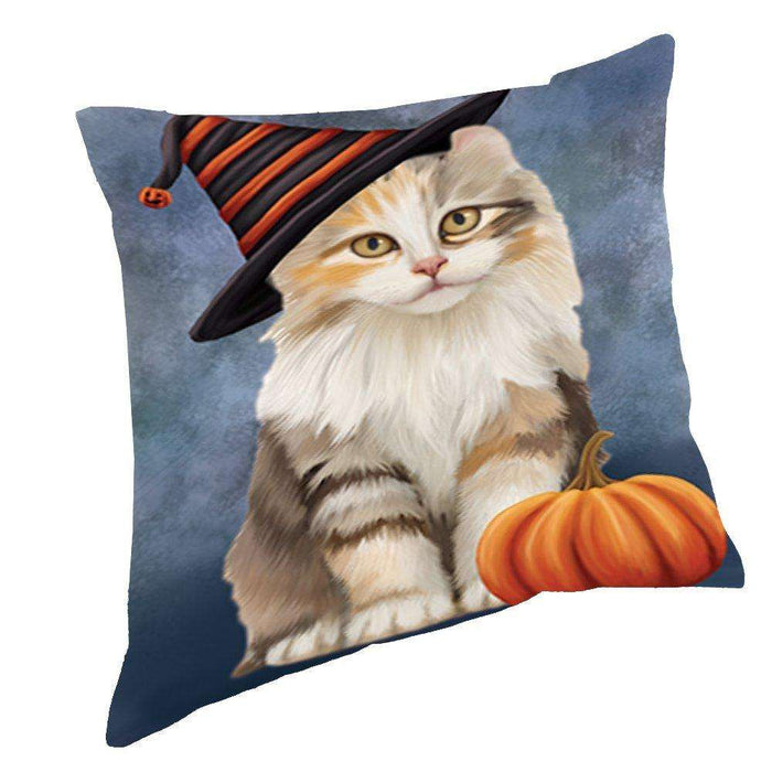 Happy Halloween American Curl Cat Wearing Witch Hat with Pumpkin Throw Pillow