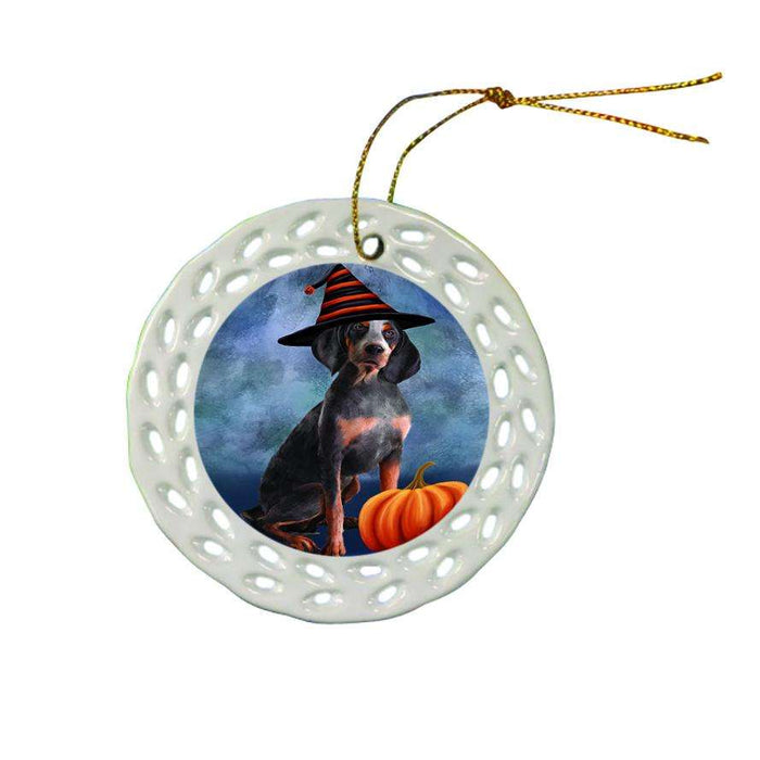 Happy Halloween American English Coonhound Dog Wearing Witch Hat with Pumpkin Ceramic Doily Ornament DPOR54982