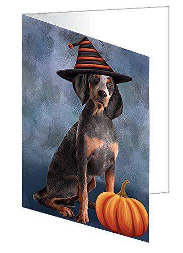 Happy Halloween American English Coonhound Dog Wearing Witch Hat with Pumpkin Handmade Artwork Assorted Pets Greeting Cards and Note Cards with Envelopes for All Occasions and Holiday Seasons