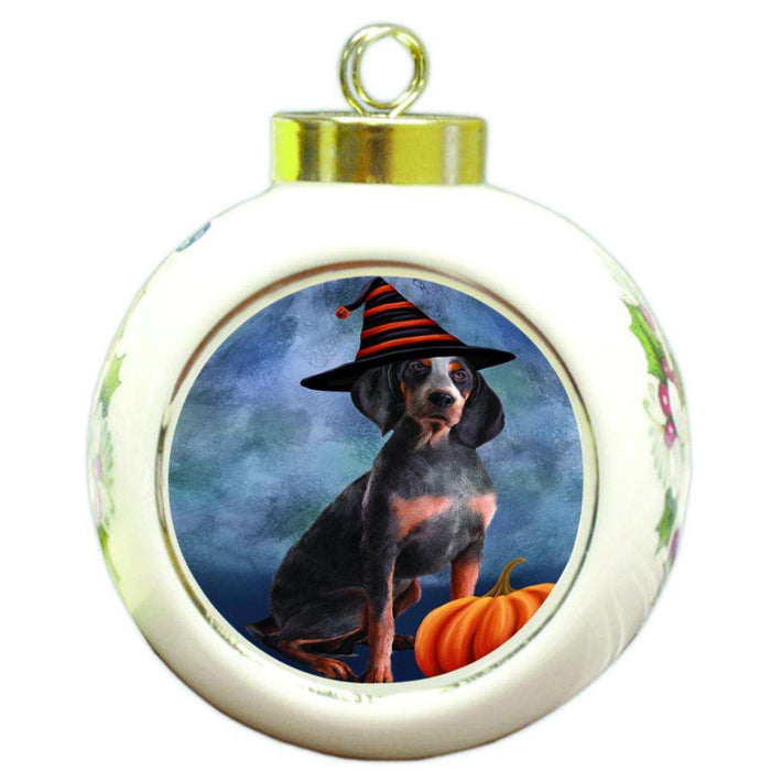 Happy Halloween American English Coonhound Dog Wearing Witch Hat with Pumpkin Round Ball Christmas Ornament RBPOR54982