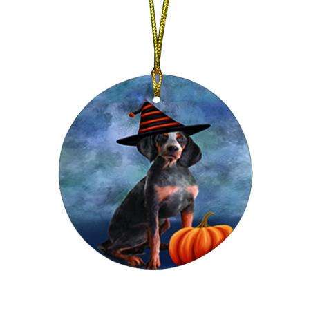 Happy Halloween American English Coonhound Dog Wearing Witch Hat with Pumpkin Round Flat Christmas Ornament RFPOR54973