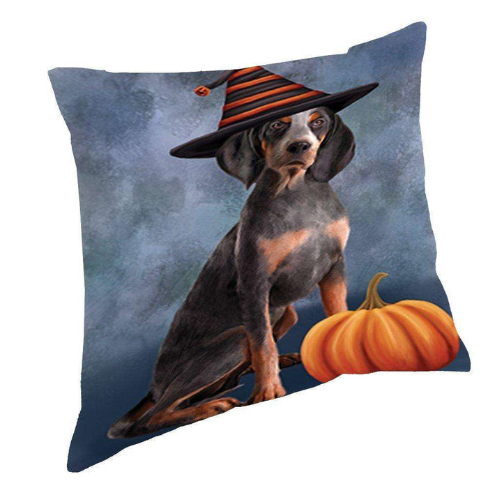 Happy Halloween American English Coonhound Dog Wearing Witch Hat with Pumpkin Throw Pillow
