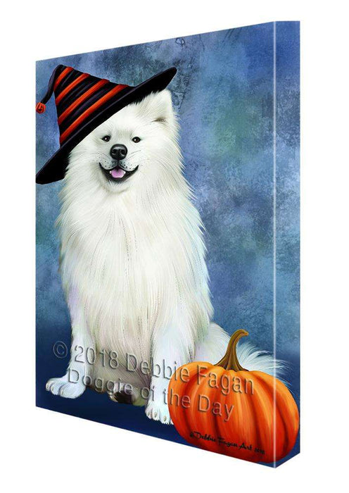 Happy Halloween American Eskimo Dog Wearing Witch Hat with Pumpkin Canvas Print Wall Art Décor CVS112706