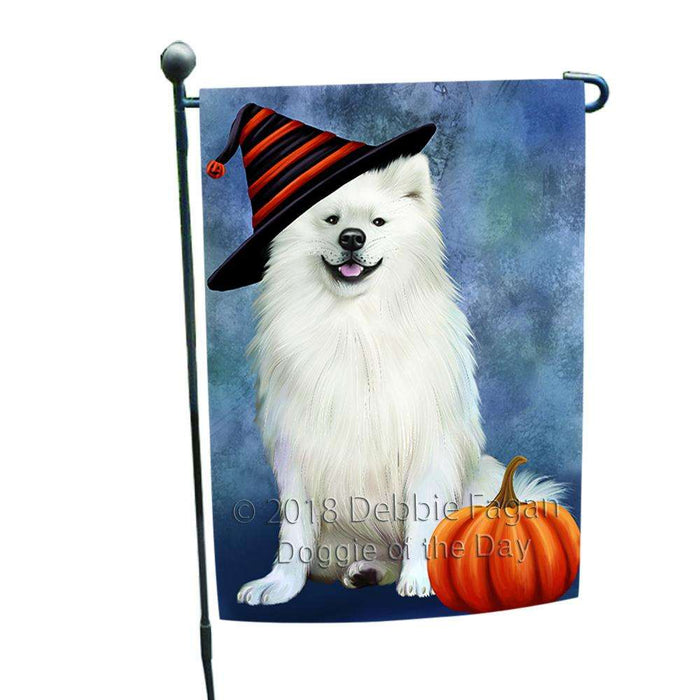 Happy Halloween American Eskimo Dog Wearing Witch Hat with Pumpkin Garden Flag GFLG55046