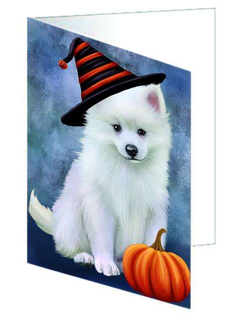 Happy Halloween American Eskimo Dog Wearing Witch Hat with Pumpkin Handmade Artwork Assorted Pets Greeting Cards and Note Cards with Envelopes for All Occasions and Holiday Seasons GCD68777
