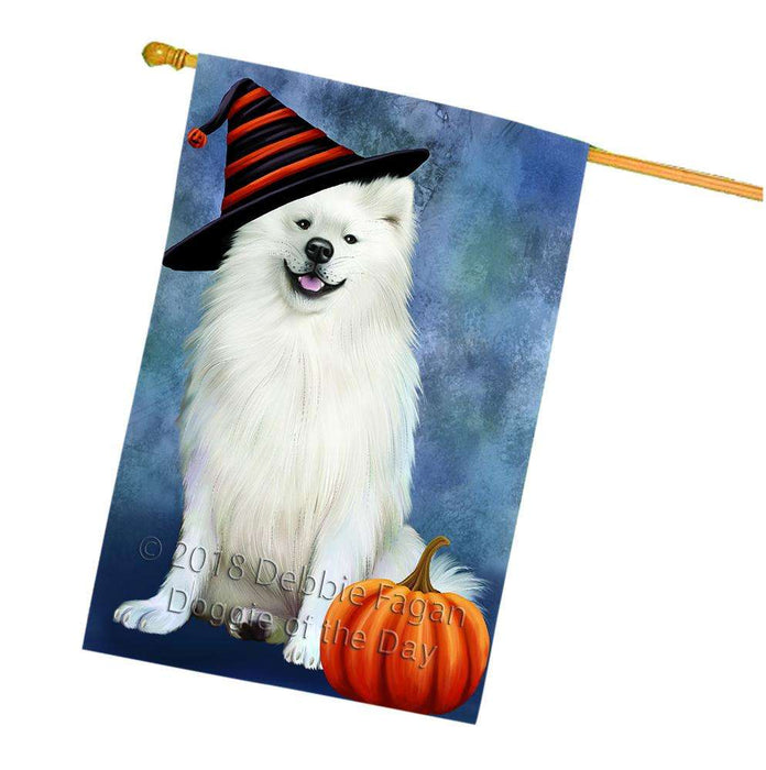 Happy Halloween American Eskimo Dog Wearing Witch Hat with Pumpkin House Flag FLG55182