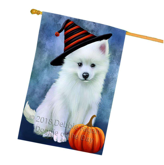 Happy Halloween American Eskimo Dog Wearing Witch Hat with Pumpkin House Flag FLG55183