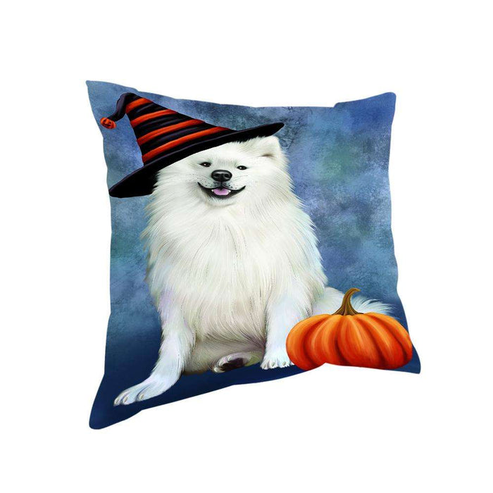 Happy Halloween American Eskimo Dog Wearing Witch Hat with Pumpkin Pillow PIL76284