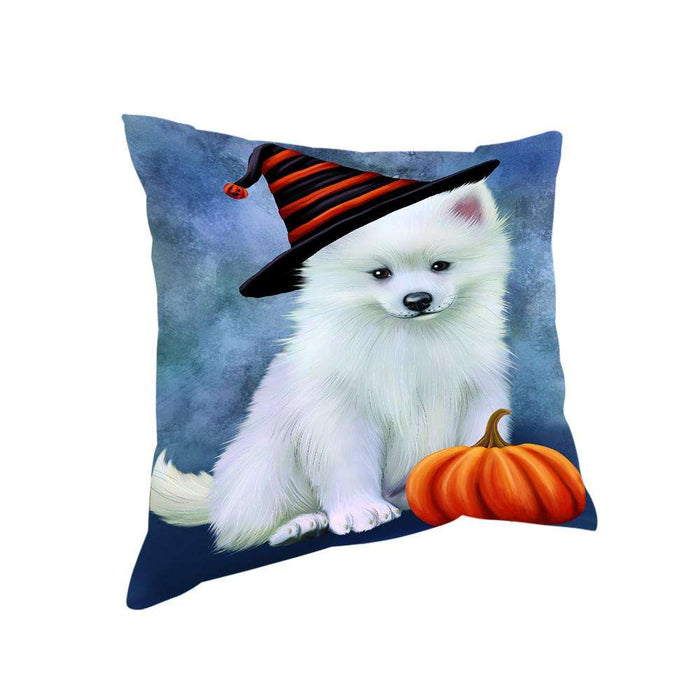 Happy Halloween American Eskimo Dog Wearing Witch Hat with Pumpkin Pillow PIL76288