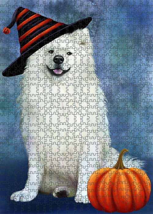 Happy Halloween American Eskimo Dog Wearing Witch Hat with Pumpkin Puzzle with Photo Tin PUZL87092