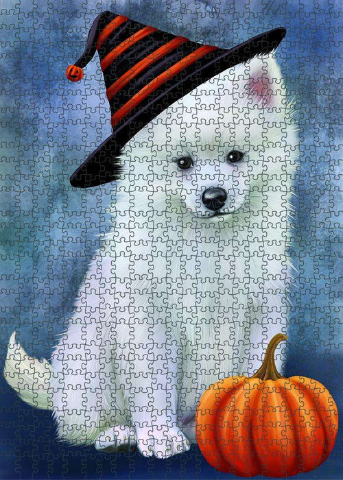 Happy Halloween American Eskimo Dog Wearing Witch Hat with Pumpkin Puzzle with Photo Tin PUZL87096